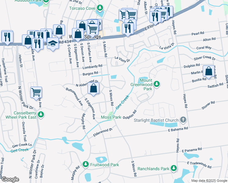 map of restaurants, bars, coffee shops, grocery stores, and more near 204 South Moss Road in Winter Springs