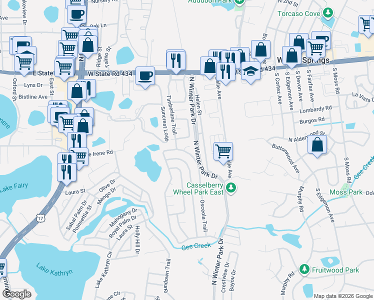 map of restaurants, bars, coffee shops, grocery stores, and more near 200 Lazy Circle in Casselberry
