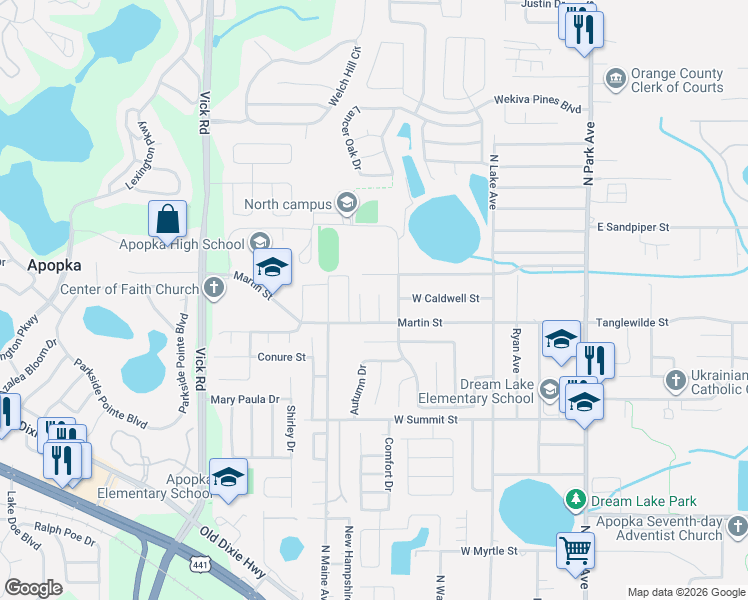 map of restaurants, bars, coffee shops, grocery stores, and more near 651 O Leary Court in Apopka