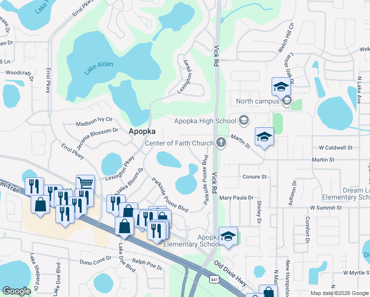 map of restaurants, bars, coffee shops, grocery stores, and more near 645 Hiawatha Overlook Drive in Apopka