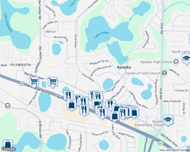 map of restaurants, bars, coffee shops, grocery stores, and more near 1426 Madison Ivy Circle in Apopka