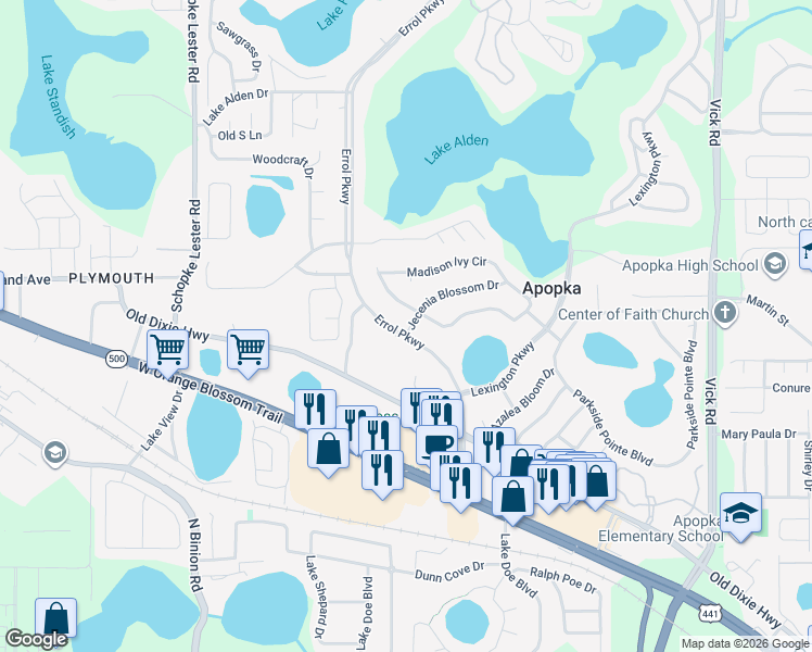 map of restaurants, bars, coffee shops, grocery stores, and more near 611 Errol Parkway in Apopka