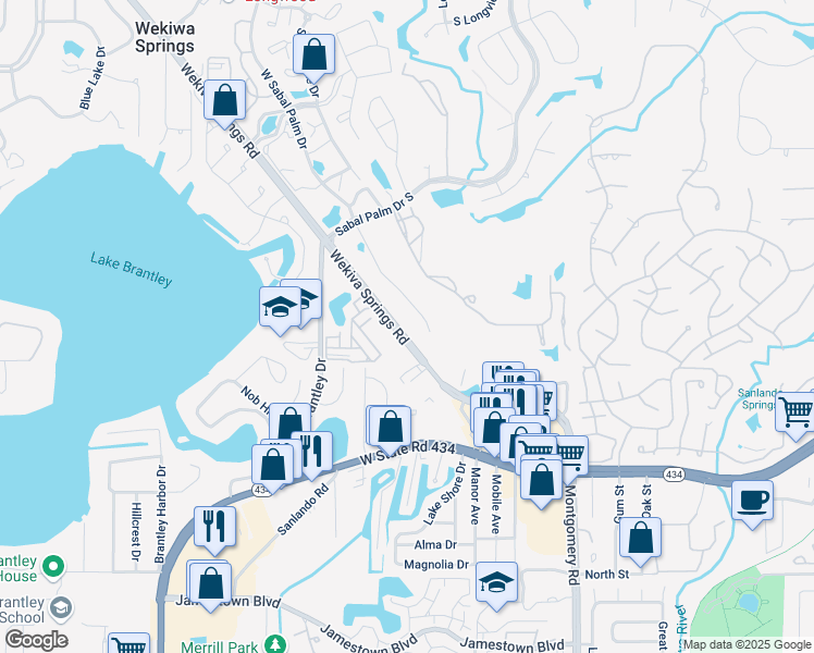 map of restaurants, bars, coffee shops, grocery stores, and more near 206 West Sabal Palm Place in Longwood