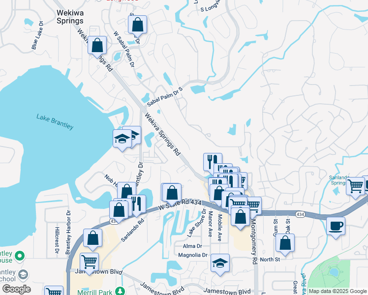 map of restaurants, bars, coffee shops, grocery stores, and more near 206 West Sabal Palm Place in Longwood