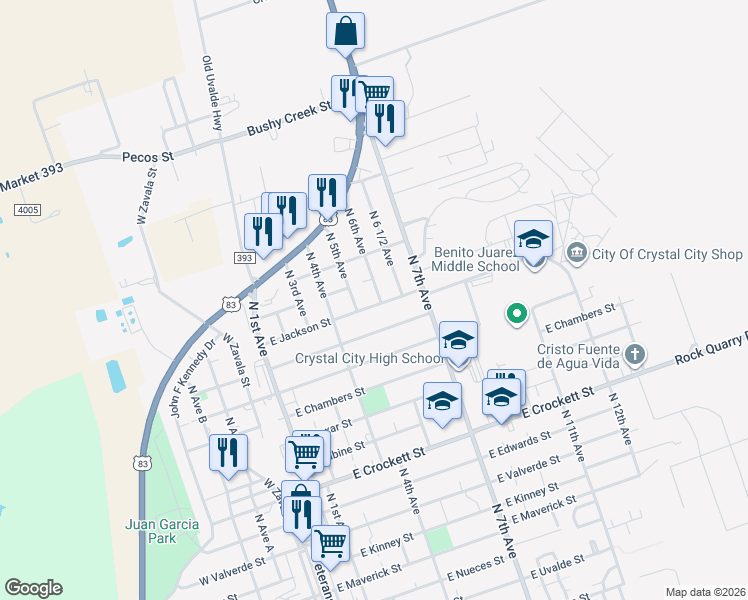 map of restaurants, bars, coffee shops, grocery stores, and more near 623 East Jackson Street in Crystal City