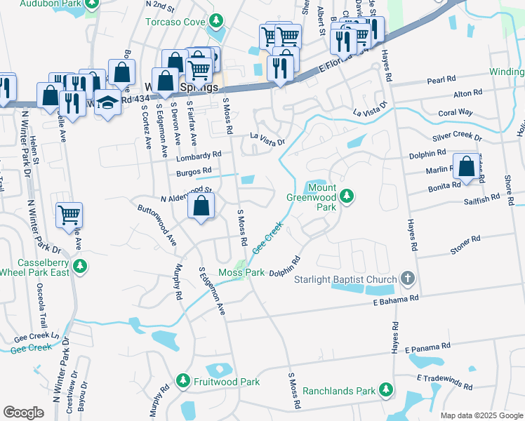 map of restaurants, bars, coffee shops, grocery stores, and more near 220 Mosswood Circle in Winter Springs