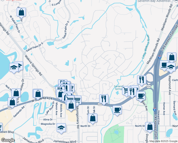 map of restaurants, bars, coffee shops, grocery stores, and more near 105 Primrose Drive in Longwood