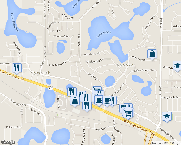 map of restaurants, bars, coffee shops, grocery stores, and more near 611 Errol Parkway in Apopka