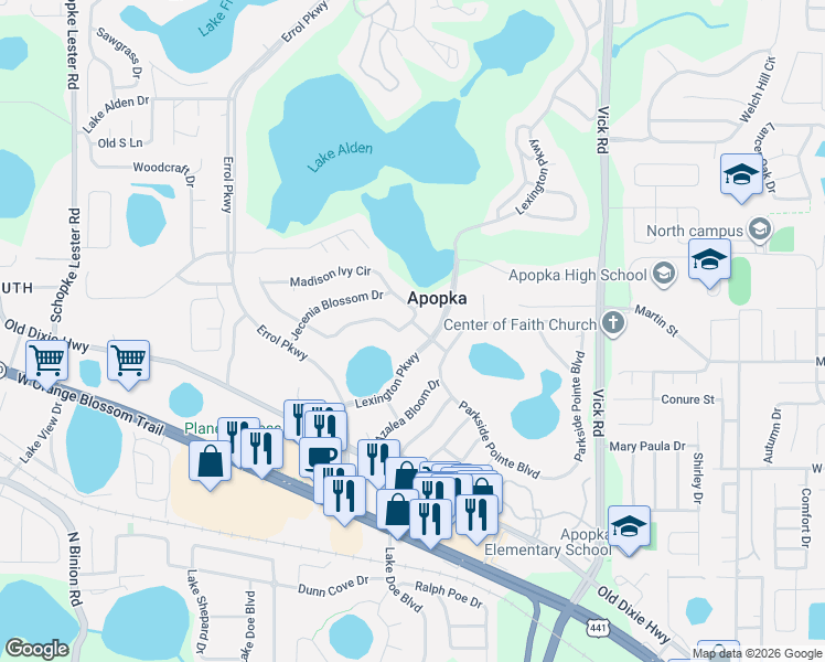 map of restaurants, bars, coffee shops, grocery stores, and more near 601 Lexington Parkway in Apopka