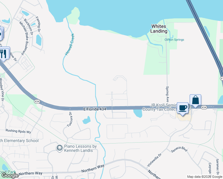 map of restaurants, bars, coffee shops, grocery stores, and more near 1700 Integra Land Way in Winter Springs