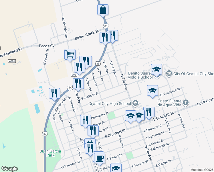 map of restaurants, bars, coffee shops, grocery stores, and more near 623 East Jackson Street in Crystal City
