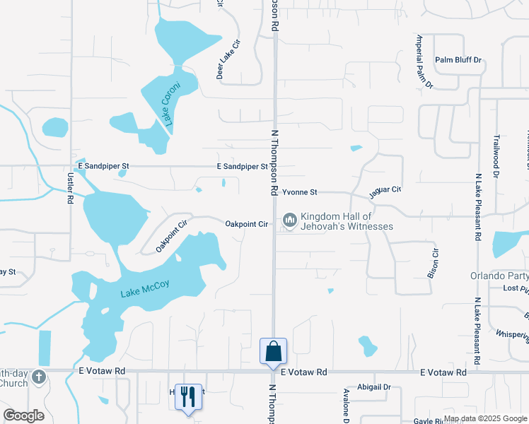 map of restaurants, bars, coffee shops, grocery stores, and more near 1175 Oakpoint Circle in Apopka