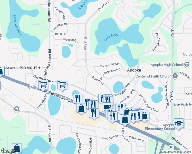 map of restaurants, bars, coffee shops, grocery stores, and more near 619 Errol Parkway in Apopka