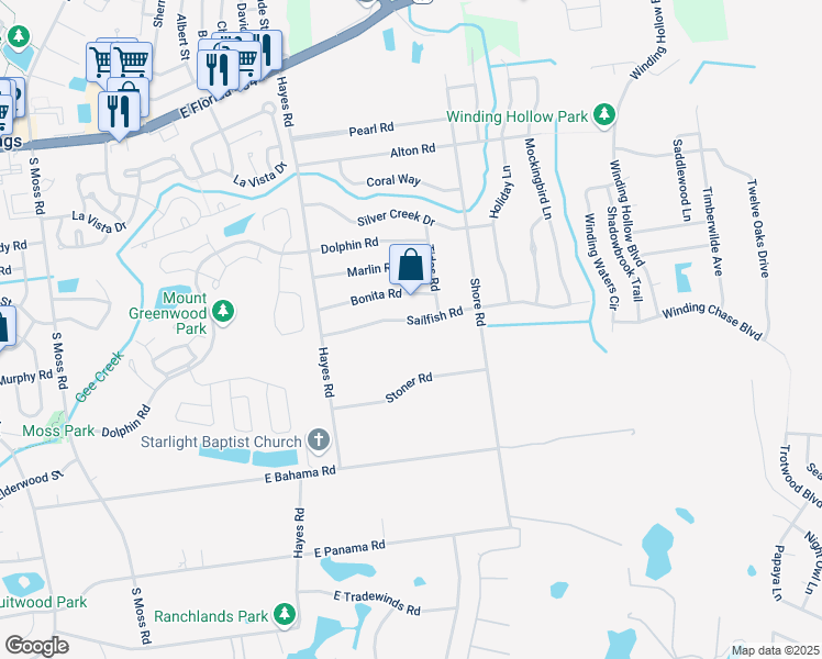 map of restaurants, bars, coffee shops, grocery stores, and more near 629 Sailfish Road in Winter Springs