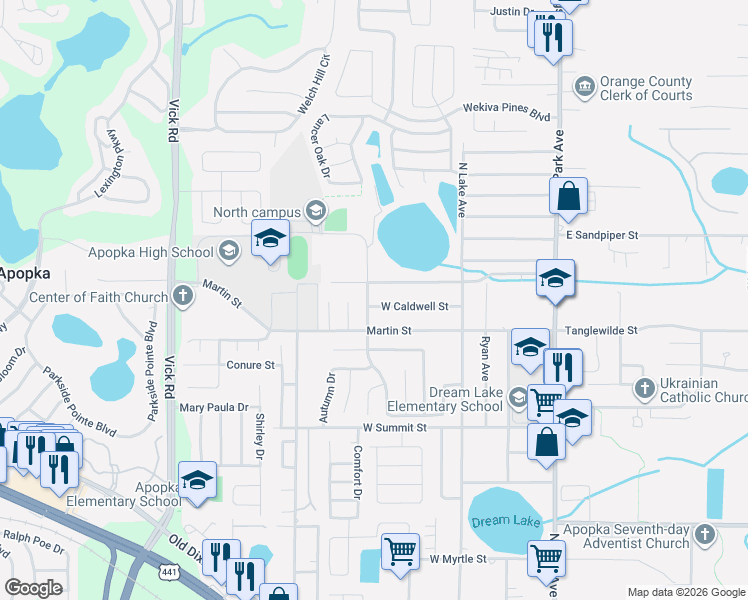 map of restaurants, bars, coffee shops, grocery stores, and more near 634 Wells Street in Apopka