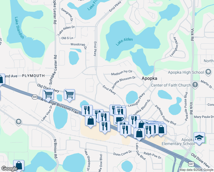map of restaurants, bars, coffee shops, grocery stores, and more near 611 Errol Parkway in Apopka