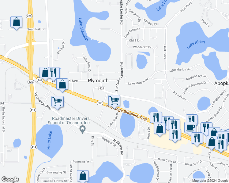 map of restaurants, bars, coffee shops, grocery stores, and more near 2316 Old Dixie Highway in Apopka