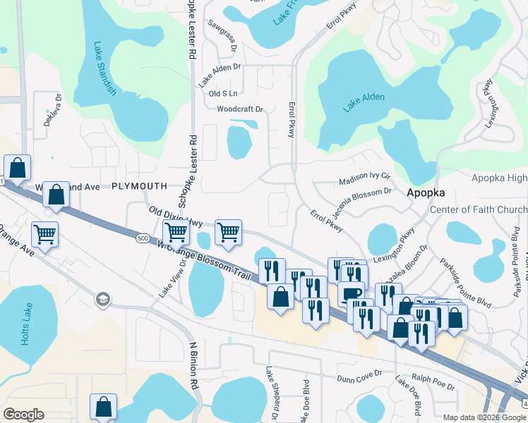 map of restaurants, bars, coffee shops, grocery stores, and more near 744 Vía Milano in Apopka