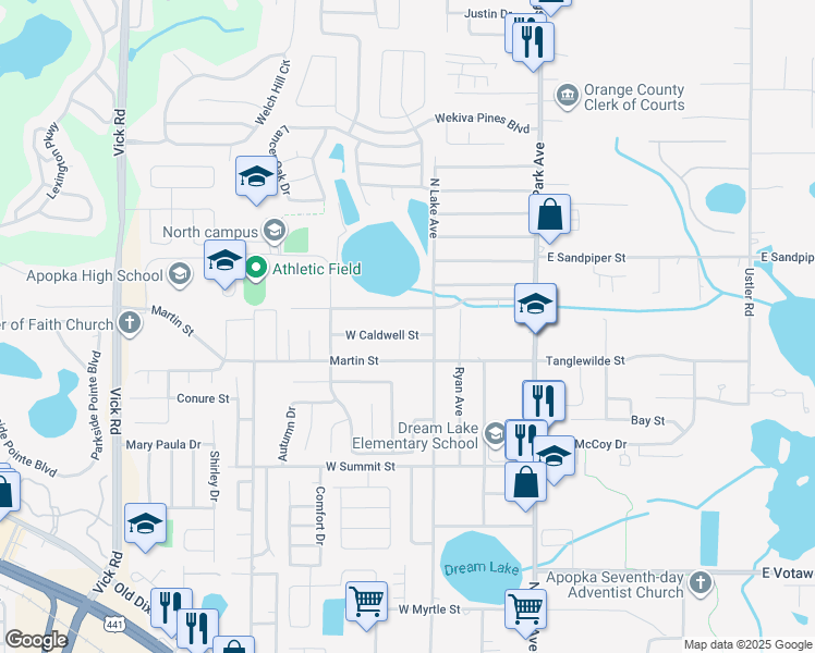 map of restaurants, bars, coffee shops, grocery stores, and more near 160 West Caldwell Street in Apopka