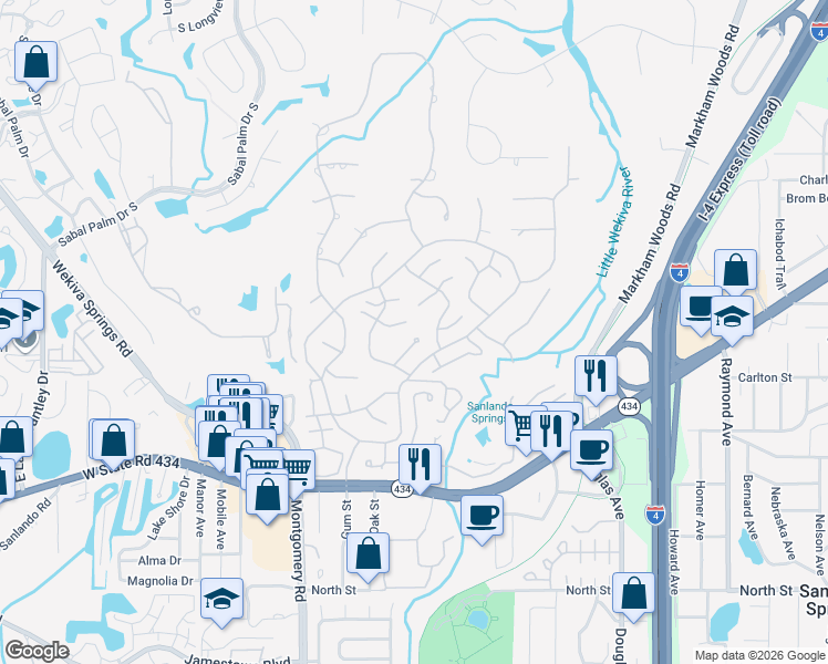 map of restaurants, bars, coffee shops, grocery stores, and more near 108 Woodmill Road in Longwood