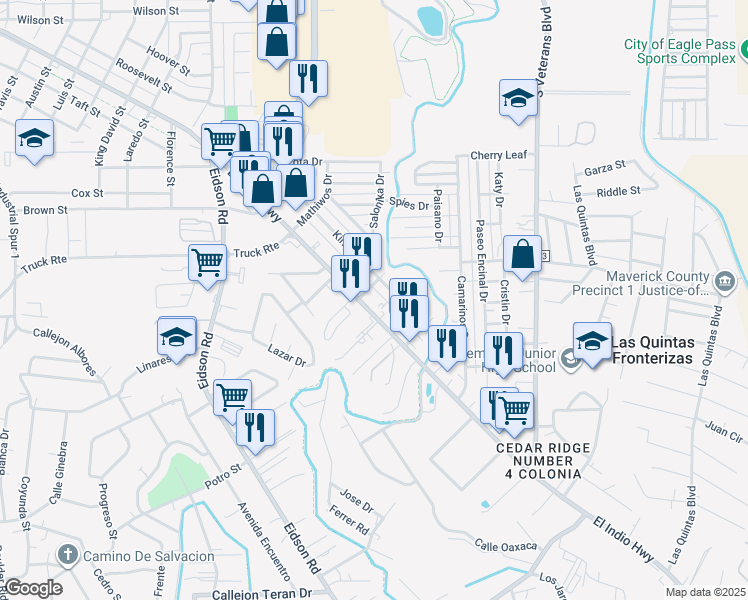 map of restaurants, bars, coffee shops, grocery stores, and more near 2453-2499 El Indio Highway in Eagle Pass