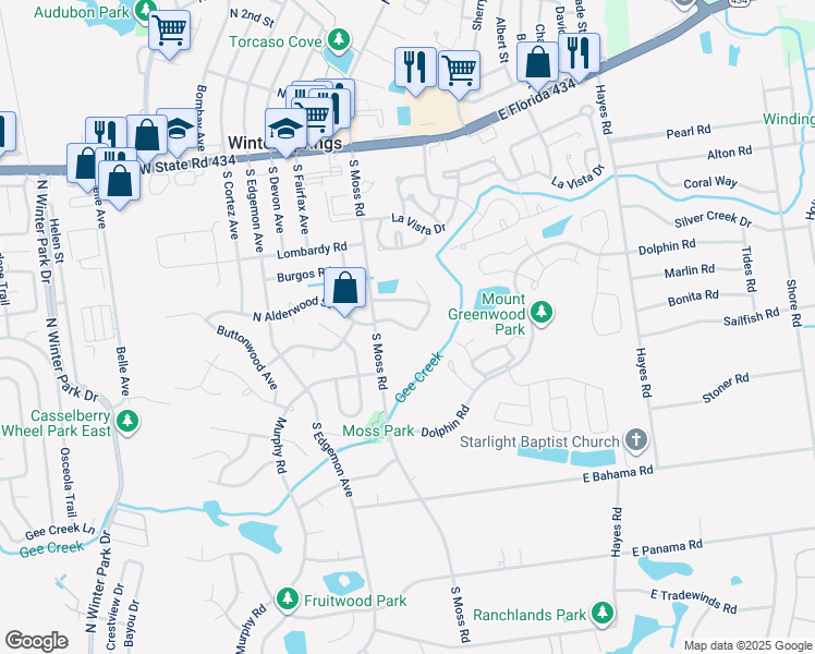 map of restaurants, bars, coffee shops, grocery stores, and more near 220 Mosswood Circle in Winter Springs