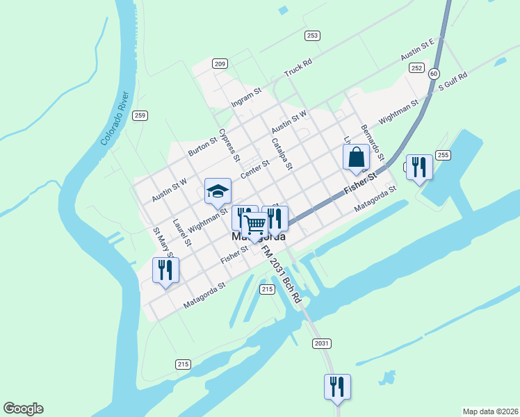 map of restaurants, bars, coffee shops, grocery stores, and more near 817 Lewis Street in Matagorda