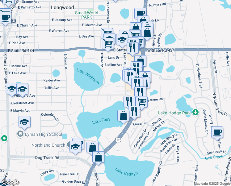 map of restaurants, bars, coffee shops, grocery stores, and more near 854 East Wildmere Avenue in Longwood