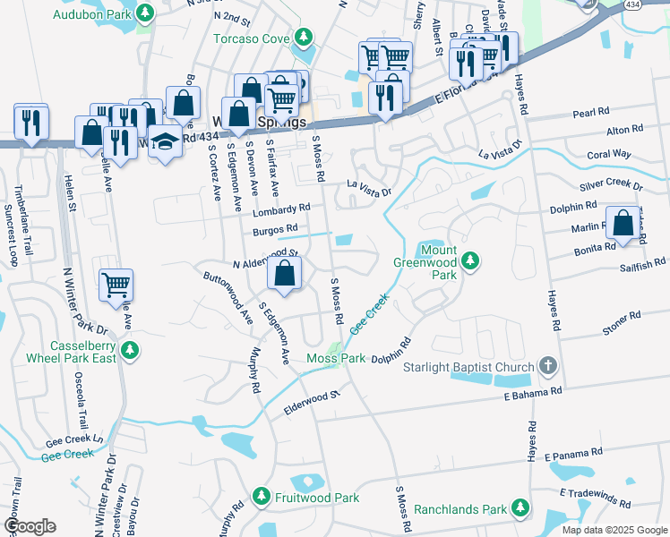 map of restaurants, bars, coffee shops, grocery stores, and more near 204 South Moss Road in Winter Springs