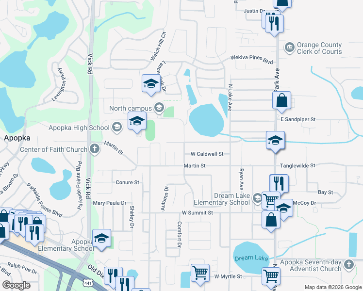 map of restaurants, bars, coffee shops, grocery stores, and more near 235 West Grossenbacher Drive in Apopka