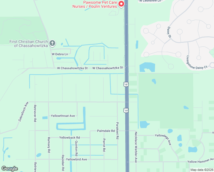 map of restaurants, bars, coffee shops, grocery stores, and more near 18484 Parallel Road in Brooksville