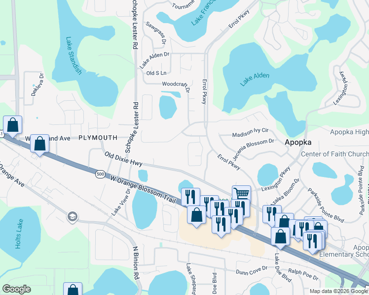map of restaurants, bars, coffee shops, grocery stores, and more near 677 Vía Milano in Apopka
