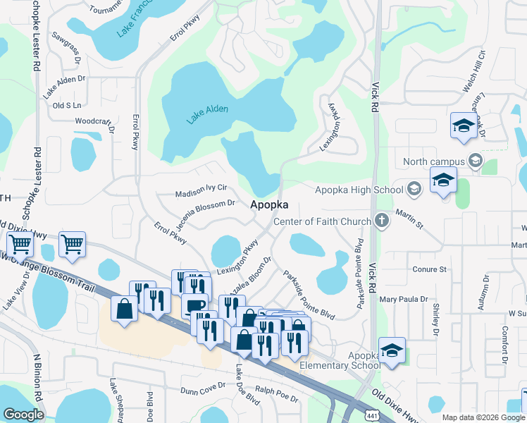 map of restaurants, bars, coffee shops, grocery stores, and more near 2120 Madison Ivy Circle in Apopka