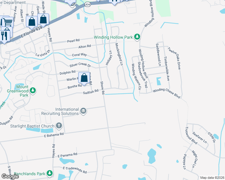 map of restaurants, bars, coffee shops, grocery stores, and more near 243 Holiday Lane in Winter Springs
