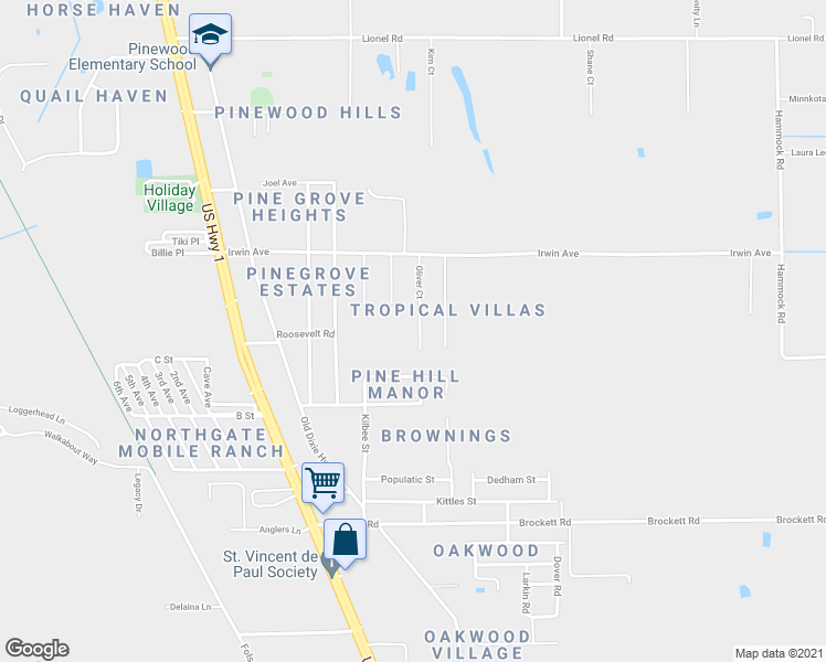 map of restaurants, bars, coffee shops, grocery stores, and more near 3420 Oliver Court in Mims