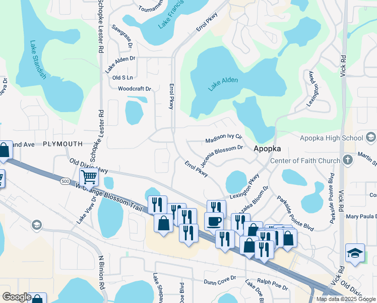 map of restaurants, bars, coffee shops, grocery stores, and more near 1558 Madison Ivy Circle in Apopka