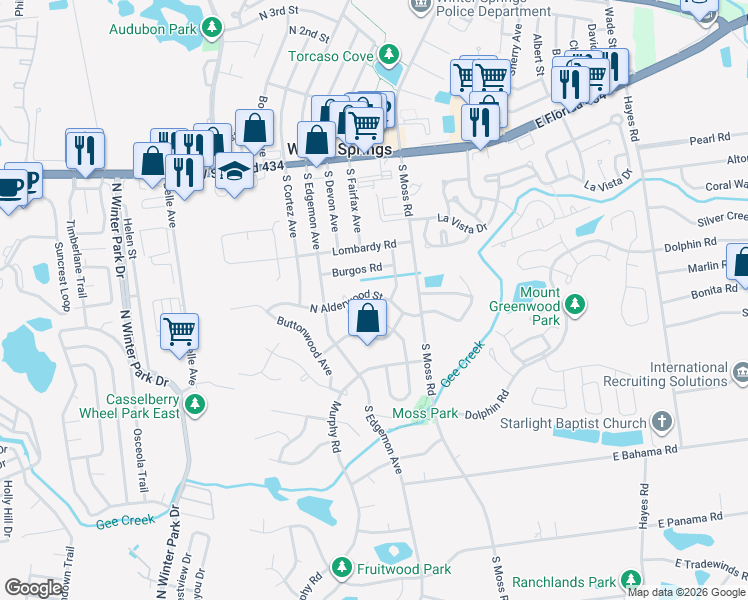 map of restaurants, bars, coffee shops, grocery stores, and more near 114 North Alderwood Street in Winter Springs