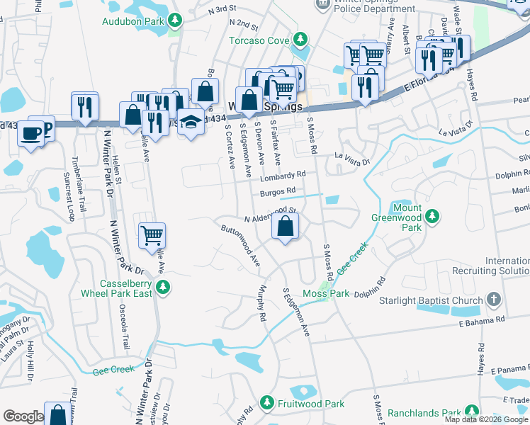 map of restaurants, bars, coffee shops, grocery stores, and more near 128 Bayberry Court in Winter Springs