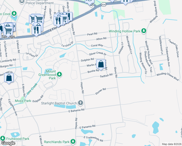 map of restaurants, bars, coffee shops, grocery stores, and more near 612 Bonita Road in Winter Springs