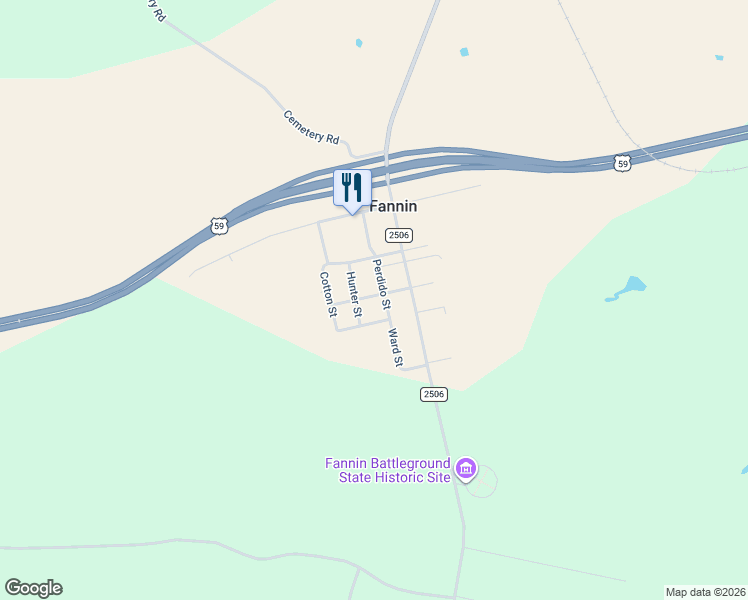 map of restaurants, bars, coffee shops, grocery stores, and more near 234 Goff Street in Goliad
