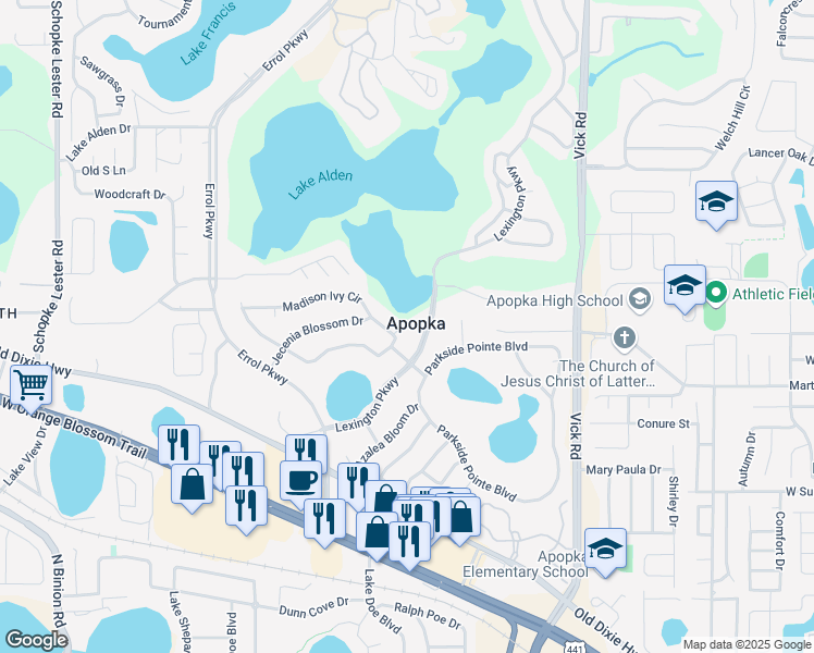 map of restaurants, bars, coffee shops, grocery stores, and more near 2112 Madison Ivy Circle in Apopka