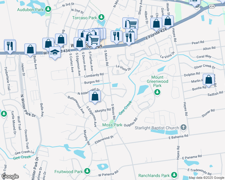 map of restaurants, bars, coffee shops, grocery stores, and more near 101 Mosswood Circle in Winter Springs