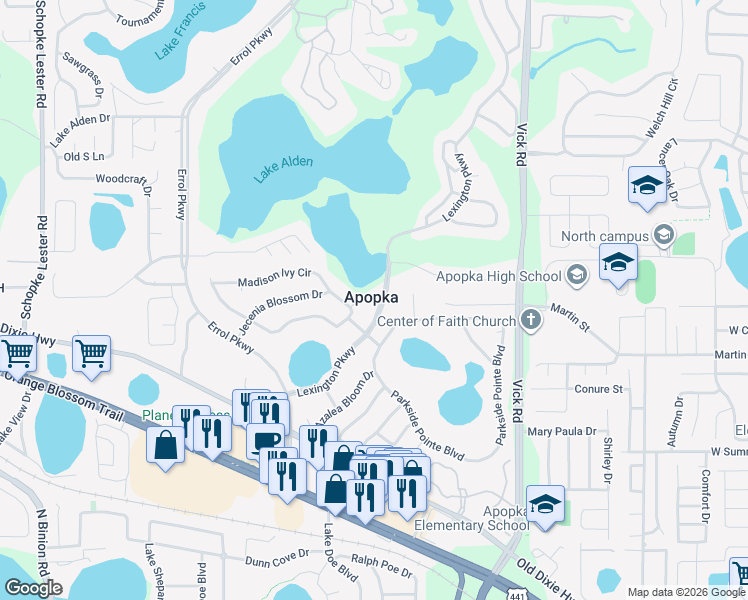 map of restaurants, bars, coffee shops, grocery stores, and more near in Apopka