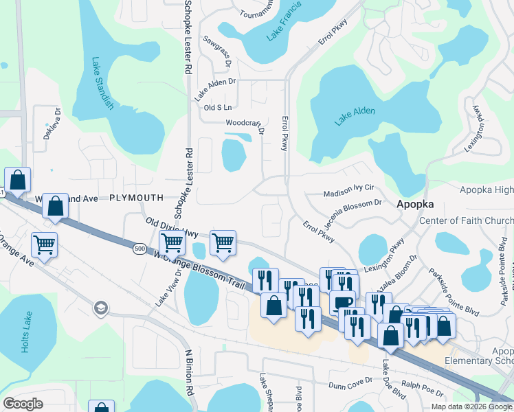 map of restaurants, bars, coffee shops, grocery stores, and more near 677 Vía Milano in Apopka