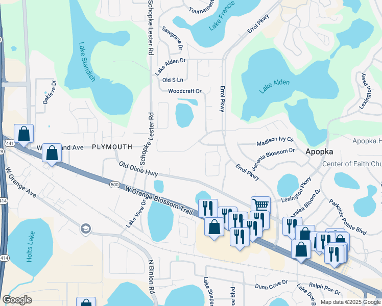 map of restaurants, bars, coffee shops, grocery stores, and more near 2134 Lake Marion Drive in Apopka