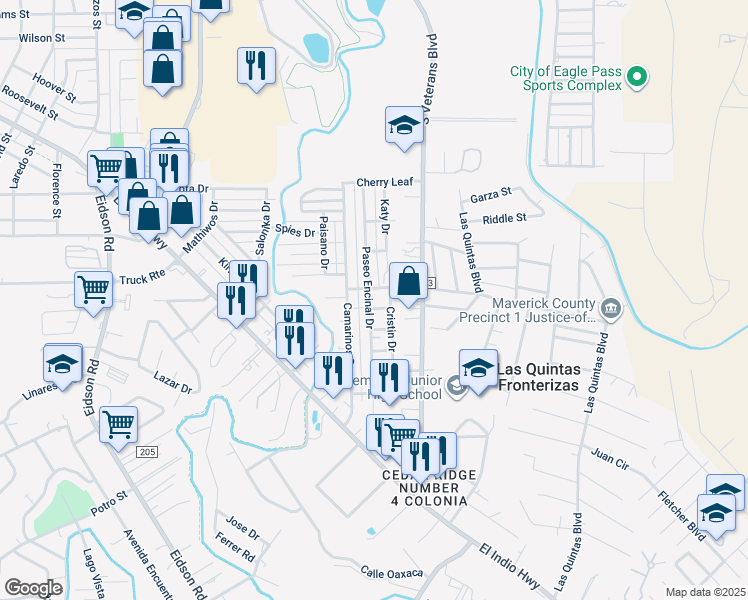map of restaurants, bars, coffee shops, grocery stores, and more near 1525 Paseo Encinal Drive in Eagle Pass