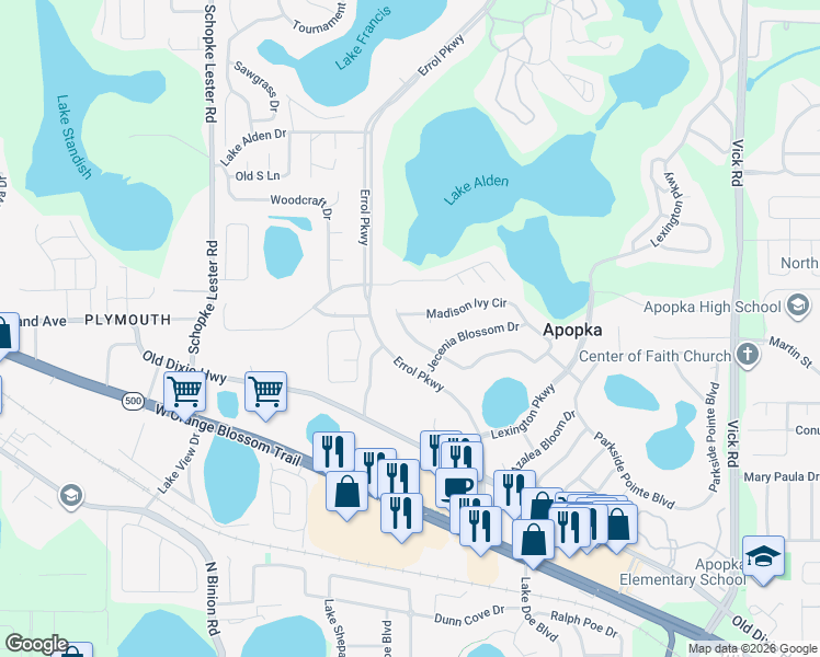 map of restaurants, bars, coffee shops, grocery stores, and more near 1565 Madison Ivy Circle in Apopka