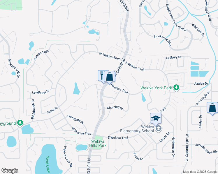 map of restaurants, bars, coffee shops, grocery stores, and more near 241 North Hunt Club Boulevard in Longwood
