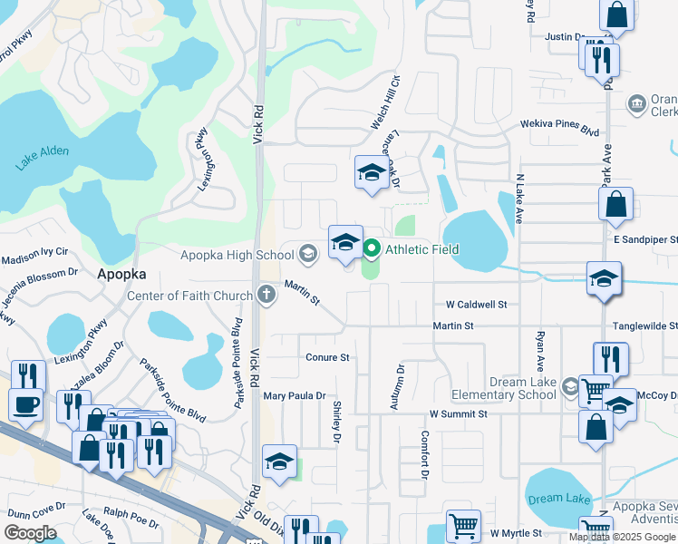 map of restaurants, bars, coffee shops, grocery stores, and more near 555 Martin Street in Apopka