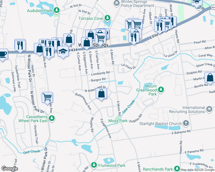 map of restaurants, bars, coffee shops, grocery stores, and more near 114 North Alderwood Street in Winter Springs